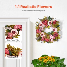 Happybuy Artificial Decorative Wreath, 19 Inches, Pink, Featuring Peonies, Hydrangeas, and Baby’s Breath, All-Season Wreath for Indoor & Outdoor Home, Wall, Window, Wedding, and Festival Decor