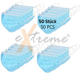 eXtreme Pack of 50 Disposable Masks, Breathable, 3-Layer Fleece, One Size, Suitable for People Who Wear Glasses, Mouth Guard, Face Masks, Mask, Blue