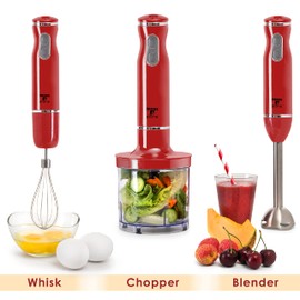 Moss & Stone Electric Hand Blender Set, 300W Immersion Hand Blender with Whisk and Chopper, Stainless Steel Shaft and Blades, 2-Speed Handheld Mixer with Ergonomic Grip, Red