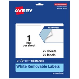 Avery Matte White Sticker Project Paper, Removable Rectangle Labels, 8.5" x 11", 25 Removable Labels, Laser/Inkjet Printable Labels