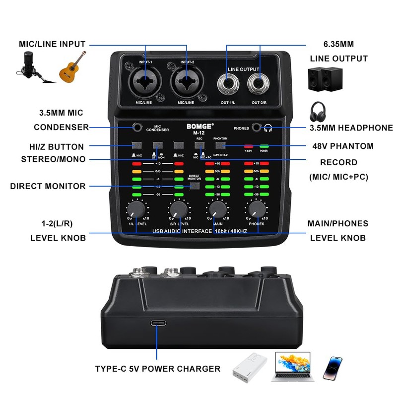BOMGE M12 USB Audio Interface, 2-Channel Mixer, XLR/3.5mm Input, 48V