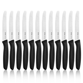 OPOLIA Steak Knives Set of 12, Serrated Steak Knives, Premium Stainless Steel Tomato Knife, Bread Knife, Multi Functional Knife, Dishwasher Safe (Black Handle)