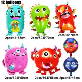 Monster Balloons, Pack of 12, Monster Decoration, Large Foil Balloons, Cute and Colourful Party Accessories, Balloons for Boys and Girls for Children, Birthday, First Day of School, Theme Party