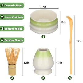 Geebuzz Matcha Whisk Set - Matcha Bowl and Bamboo Matcha Whisk, Scoop, Spoon, Sifter, Whisk Holder, 6pcs Perfect Matcha Starter Kit for Matcha Tea Ceremony (C Green/White)