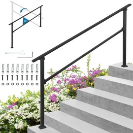 Hand Rails for Outdoor Steps Railing Kit, Deck Porch Railing Kit, 6 Steps Stair Handrails, Indoor Metal Stair Railing for Exterior Concrete, Brick, Wooden Steps, Black (5-6 Steps Handrail)