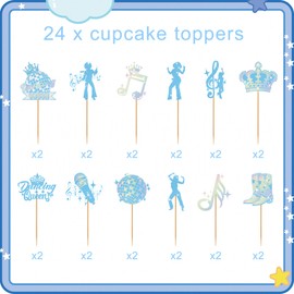24Pcs Dance Queen Cupcake Toppers, Blue Disco Ball & Music Note Cupcake Decorations, Girl's 17th Birthday Party Supplies, Vintage Disco Theme