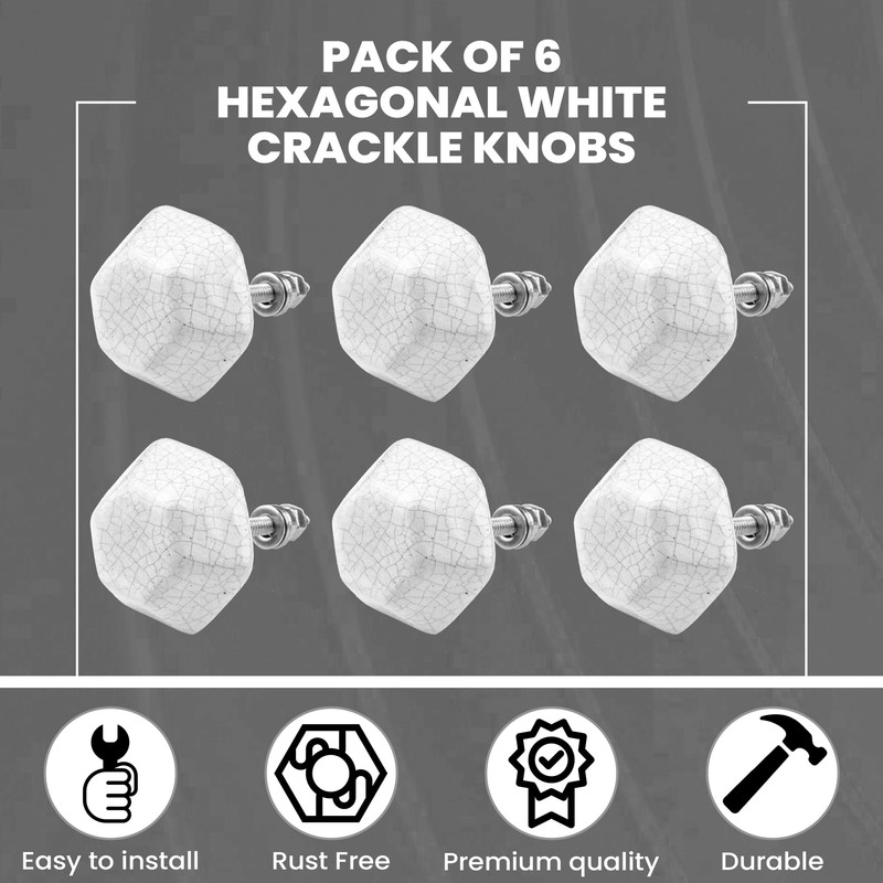 ETHNICITI Pack of 6 Hexagonal White Crackle 40mm Ceramic Door