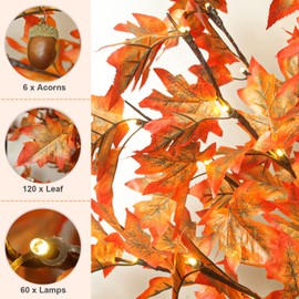4FT 60LED Lighted Maple Tree - Fall Thanksgiving Decor Artificial Tree with 6 Acorns 120 Leaves, Remote 8 Flashing Modes, Timing, DC 5V Safe for for Indoor Outdoor Harvest Decoration