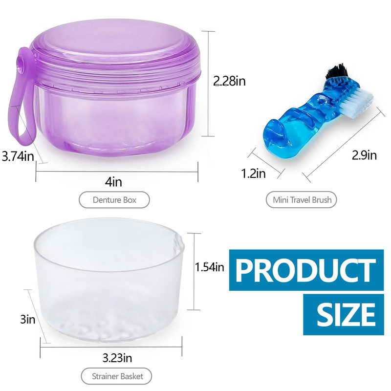 Leakproof Denture Case Purple Denture Soaking Cup False Teeth Container,