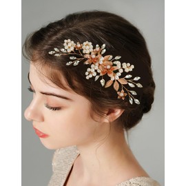 Teyglen Vintage Flower Bride Wedding Hair Comb Leaf Bridal Headpiece Gold Leaves Side Comb Pearl Crystal Hair Piece Hair Accessories for Women (Gold)