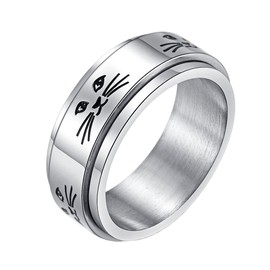 INRENG 8MM Fashion Stainless Steel Cute Kitty Spinner Ring for Men Women Silver Promise Rings Band Cat Face Engraved Size 7
