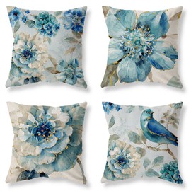 Blue Floral Throw Pillow Covers 18x18 Set of 4 Farmhouse Vintage Flower Bird Pillow Covers Decorative Outdoor Patio Pillow Cases Cushions Cover for Living Room Couch Sofa Bed Home Decor