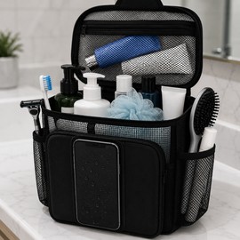 Quick-Dry Mesh Shower Caddy for College Dorms & Travel – Hanging Toiletry Organizer with Phone Pocket and Multiple Storage Compartments