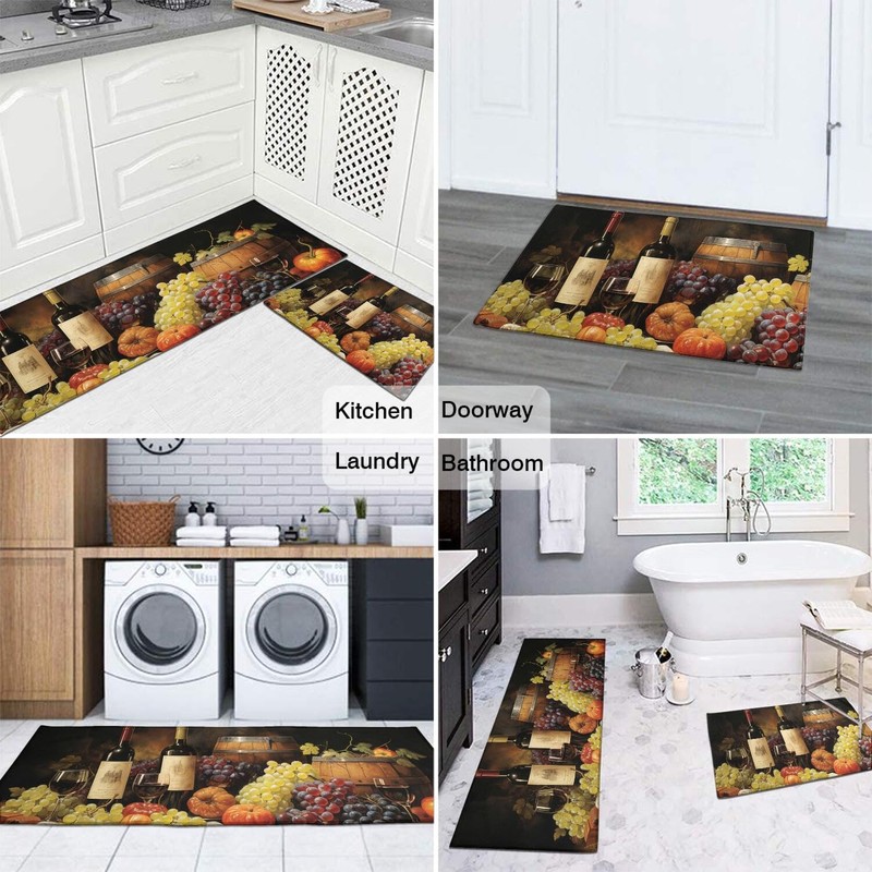 Red Wine Kitchen Rugs Sets of 2, 3D Grapes Farmhouse