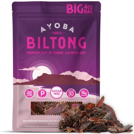 Ayoba Garlic Grass Fed Beef Biltong Slices (4 Ounce, Pack of 1) - Keto Friendly Air-Dried Grass Fed Beef Paleo Snacks - Gluten Free, Whole 30 Approved, Sugar free, No Carb Meat Snacks