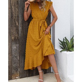 BTFBM Women V Neck Summer Dress 2025 Cap Sleeve Swiss Dot Boho Flowy Ruffle Slit Beach Party Long Maxi Cocktail Dresses(Yellow, X-Large)