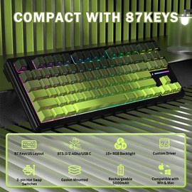 FELICON x Attack Shark M87 PRO Mechanical Gaming Keyboard,Wireless Tri-Mode(Bluetooth/2.4G/Wired),Hot-Swappable Custom Switch,TKL 5000mAh RGB Backlit,Gasket Programmable,for Game/Office,Metcha Green