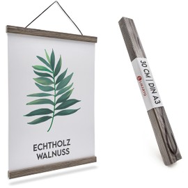 LIKARTO Premium Poster Strip, Walnut, A3, 30 cm, High-Quality Magnetic Picture Rail Made of Real Wood with Leather Strap, Easy to Hang Pictures