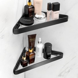 VOLPONE Bathroom Shelves Wall Mounted Glass Corner Shower Shelf for Bathroom Floating Shelf Tempered Glass Wall Organizer 2-Tier(Black)