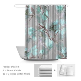 LUKUY Teal and Grey Shower Curtain 72'’W x 72’’L Abstract Flower Oil Painting Art Polyester Fabric Waterproof 12 Pack Plastic Hooks