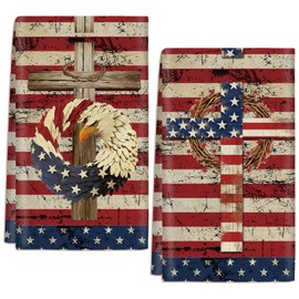 2 Pcs 4th of July Patriotic Kitchen Towels Vintage American Flag Stars Dish Towels, 24 x 16 Inch Absorbent Eagle Hand Tea Towel for Kitchen Housewarming Gifts Independence Day Decor