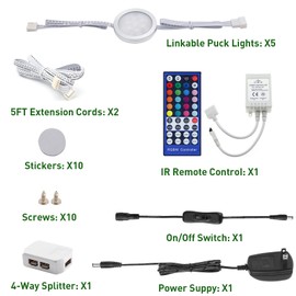 AIBOO 24V Color Changing LED Puck Lights Dimmable, Multicolor Under Cabinet Lighting Linkable with Remote for Counter, Cupboard, Showcase, Display (RGBWW, 5 Packs)