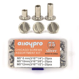 75 Sets Silvery Chicago Binding Screws Assorted Kit Nail Rivet Chicago Button DIY Leather Decoration Bookbinding Round Flat Head Stud Screw （5×6/10/12mm）