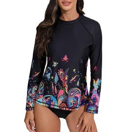 Halcurt Women's Long Sleeve Rash Guard Swim Top UPF50+ SPF Sun Protection Swimsuit Quick Dry Bathing Suit Black Paisley M
