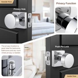 coolnews Polished Chrome Door Knobs Interior, Polished Chrome Privacy Door Knob with Lock, Heavy Duty Square Modern Door Handle for Bedroom Bathroom