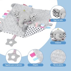 Manta de Apego para Bebé con Sonajas y Mordedera, Peluches para Bebe - Súper Suave con Sonidos, Ejercicios de Agarre y Audiovisuales, Apto para Bebés 