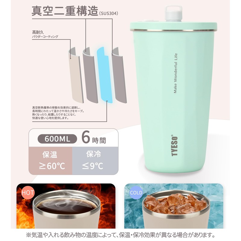 【Trending on SNS】TYESO Tumbler with Straw, 600ml Stainless Steel, with