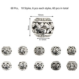 Emperoch 60 Pcs 10 Style Tibetan Beads, 10mm Antique Silver Alloy Beads, Hollow Rondelle Spacer Beads with Large Hole for DIY Buddhist Earring Bracelet Necklace Jewelry Making