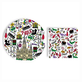 Fabuplates 48pc New Orleans Party Plate and Napkin Set – Premium Disposable Tableware, Iconic French Quarter NOLA Theme, 24 9" Plates, 24 Luncheon Napkins – Mardi Gras, Crawfish Boils, Tea Party