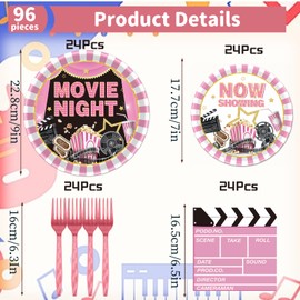 Aposwow Movie Night Tableware Supplies, 96PCS Movie Night Party Plates Napkins and Forks Set, Pink Disposable Dinnerware for Girls Birthday Party