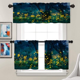Batmerry Dark Night Forest Tier Curtains,Lampyridae Trees Lightning Bugs Fireflies Window Treatment Short Kitchen Curtain Multilayer Polyester Blackout for Living Room/Bathroom, 2 Pack 26x24 inches