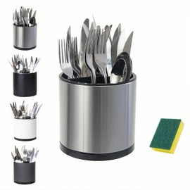 LIBODOUR Utensil Holder, 360°Rotating Kitchen Utensil Holder For Counter,Cooking Silverware Organizer Stainless Steel Caddy Flatware Spoon Spatula Tool Cutlery Container
