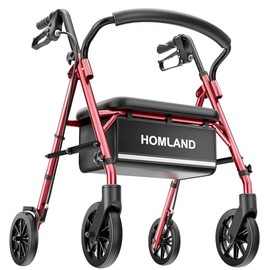 HOMLAND Walkers for Seniors with Seat, 16 Pounds Lightweight Rollator Walker with Seat, Height Adjustable 5-Level, Puncture-Resistant Wheels, Portable Light Rollator, Comfortable Elastic Seat, Red