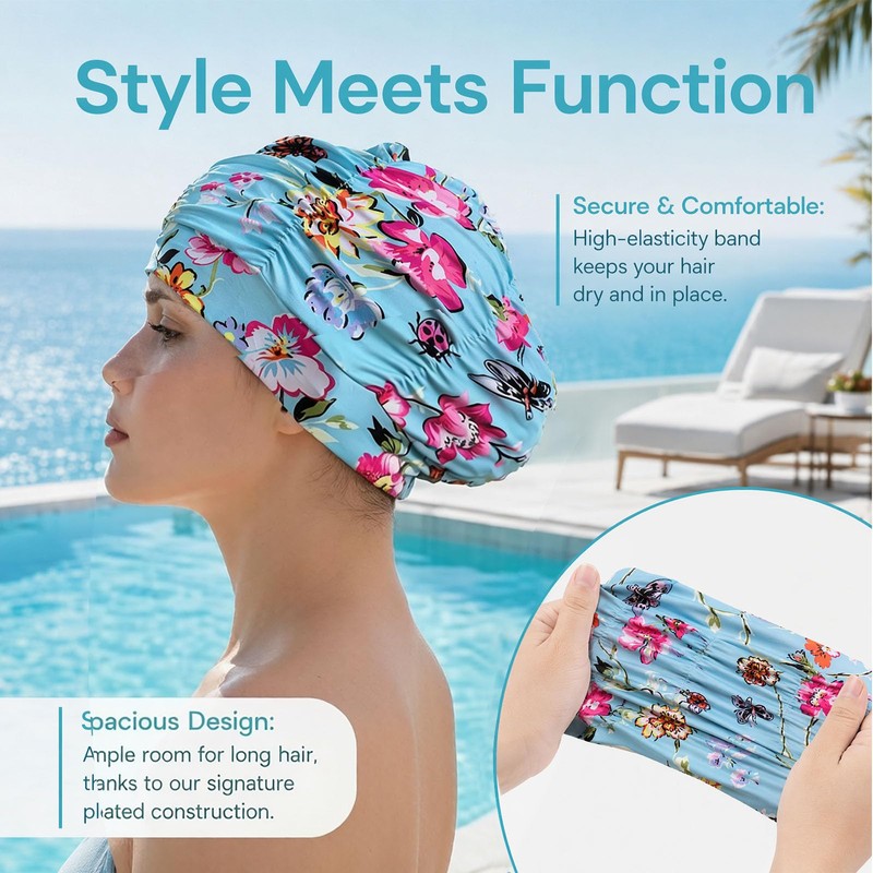 Pleated Fabric Swimming Cap for Women, Loose Fit Swim Hat