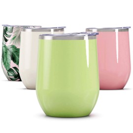 Maars Bev Stainless Steel Stemless Wine Glass Tumbler with Lid, Vacuum Insulated 12 oz Cup | Spill Proof, Travel Friendly, Fun Cocktail Drinkware - Matcha Green