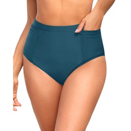 Tempt Me - Parte inferior de bikini de cintura alta para mujer, con control de abdomen y bolsillos, 2025, verde azulado, M