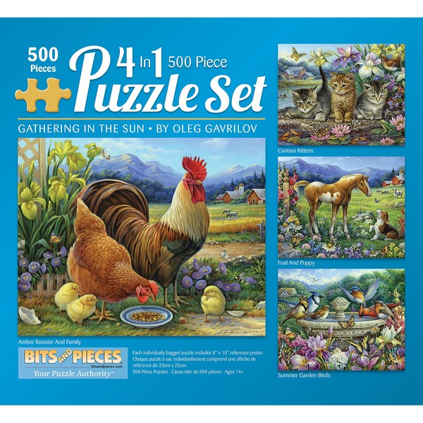 Bits and Pieces - Multipack of Four (4) 4-In-1 500 Piece Jigsaw Puzzles for Adults - Puzzles Measure 16" x 20" - 500 pc Kittens Puppy Rooster Family Summer Garden Birds Jigsaws by Artist Oleg Gavrilov