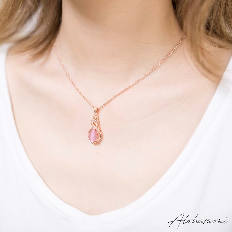 ALOHAMONI Pink Opal Necklace Cubic Zirconia CZ Diamond Pink Gold