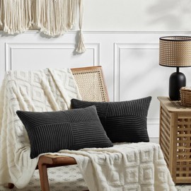 FDTERN Set of 2 Black Corduroy Cushion Covers, 30 x 50 cm, Soft Modern Decorative Cushion Covers, Sofa Cushion, Boho Decoration for Sofa, Bedroom, Living Room, Balcony