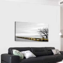 Looife 40x20 Inch Canvas Prints Wall Art-Abstract Black and White Sea Level with Yellow Pier Dock Bridge Picture Wall Decor, Ocean Scenery Giclee Artwork Home Decoration Ready to Hang