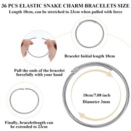 mekueeex 36Pcs Snake Charm Bracelet Expandable Elastic Bangle Bracelets Stainless Steel Silver Snake Bracelet For Women Diy Jewelry Making Supplies