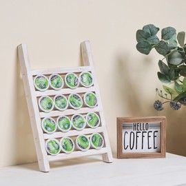 GENMOUS Farmhouse K Cups Ladder Coffee Pod Holder For Countertop, Rustic Wood Coffee Pod Holder K cup Organizer For Home Kitchen Storage, Coffee Station Organizer For Coffee Bar Accessories White