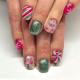 Christmas Press on Nails Short Square Fake Nails with Candy Designs Snowflake Glue on Nails Pink Green Artificial Nails Full Cover False Nails Xmas Stick on Nails for Women Girls 24 Pcs