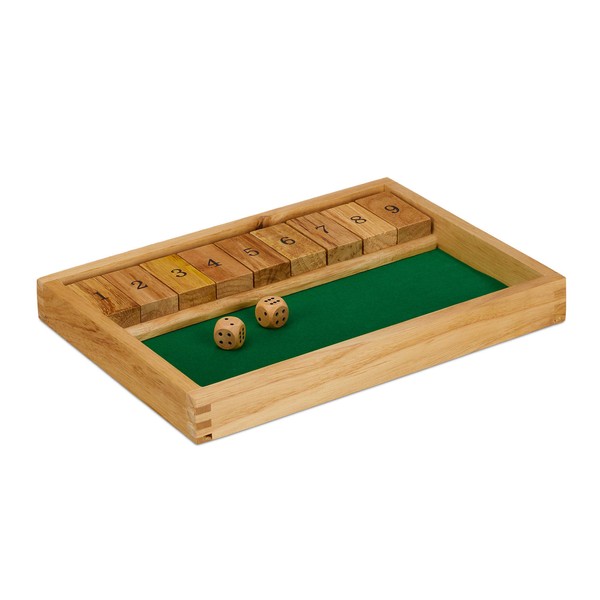 Relaxdays 10023500 Shut The Box 9 Wooden Dice & Dice Board, for at least 2 Players, Classic Family Game, Wood, Natural/Green