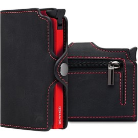 BEWMER Credit Card Holder with 1 Zip Shielded | Slim Wallet for Men and Women | ID Card Holder with RFID Protection and Carbon Fibre Money Clip (Black and Red with