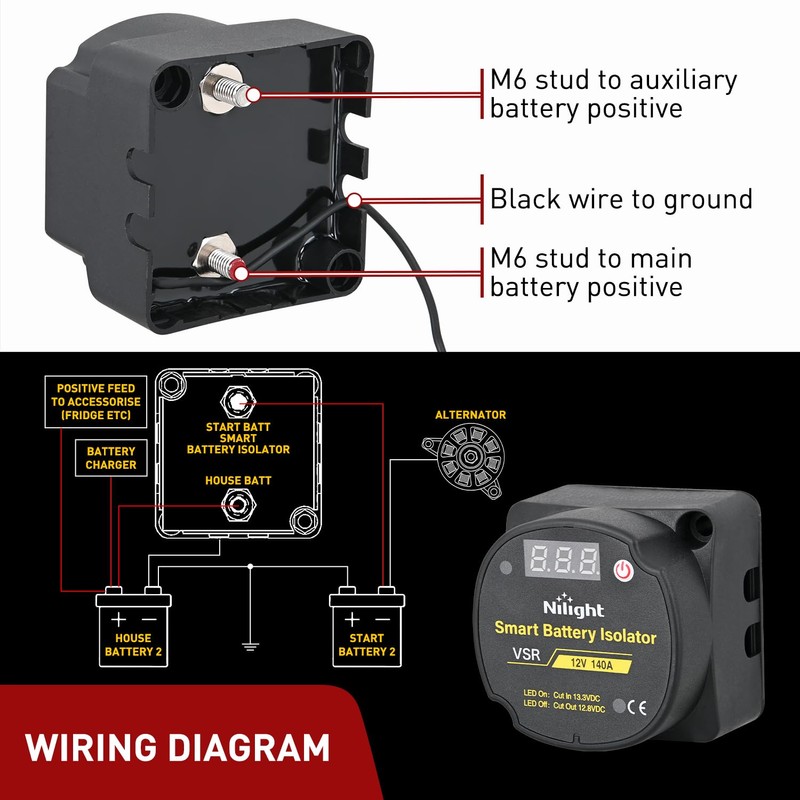 Nilight 12V 140 AMP Dual Battery Isolator Auto Manual Voltage
